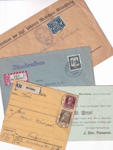 Bayern/BRD - Münchberg 4 Belege ex 1912/64 darunter Paketkarte, Einschreiben etc