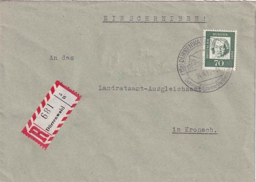BRD - Dürrenwaid Handwerbestpl. Einschreibebrief n. Kronach 1962