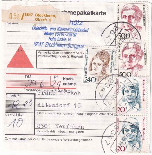 BRD - 2x500 Pfg. Frauen u.a. Nachnahme-Paketkarte Stockheim Ofr. 2 - 1992