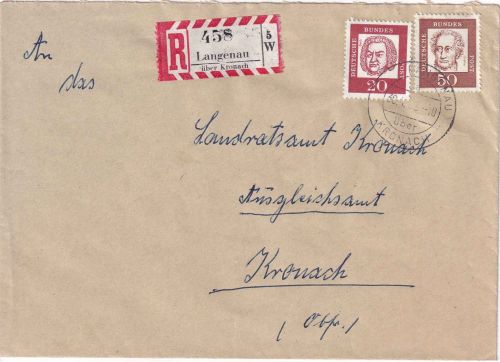 BRD - Langenau ü. Kronach apt. Poststelle I Einschreibebrief n. Kronach 1963