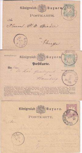 Bayern - Würzburg Bahnhof 3 versch. K1 2x2 Kr./1x5 Pfg. Ganzsachenkarte 1875/82