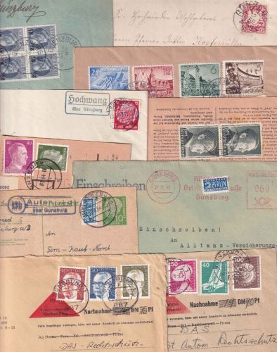 Bayern/DR/BRD - Günzburg 11 Belege (Landpost, Paketkarten etc.) ex 1886/1976
