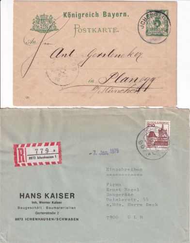 Bayern/BRD - Ichenhausen - Ganzsachenkarte 1900 + Einschreibebrief 1979
