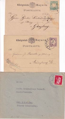 Bayern/DR - Leipheim 2 Ganzsachenkarten 1877/88 + Brief 13.3.45