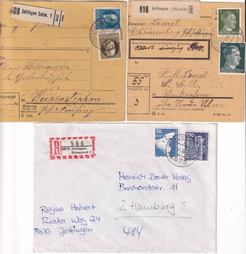 Bayern/DR/BRD - Jettingen 2xPaketkarte 1x Einschreibebrief ex 1917/1976