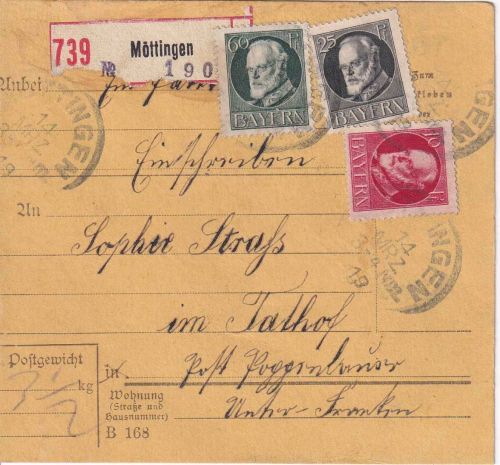 Bayern - 60+25+10 Pfg. Ludwig Einschreibe-Paketkarte Möttingen 14. MRZ 19