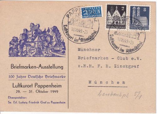 Bizone - Pappenheim 1949 illustrierte Karte n. München