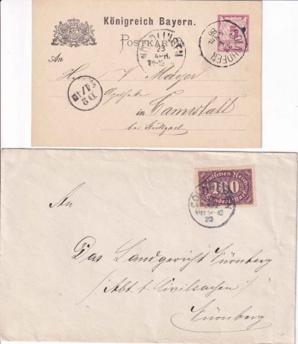Bayern/DR - Sollnhofen Ganzsachenkarte 1886 + Brief 1923