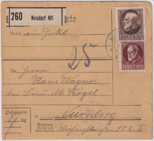 Bayern - 1 M. + 50 Pfg. Ludwig Paketkarte Neudorf Mf. - Nürnberg 23. JAN 20