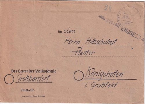 All.Bes. - Großbardorf ü. Klingenberg 18.12.45 Poststelle I Gebühr bezahlt Brief