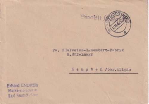 All.Bes. - Neustadt (Saale) 10.11.45 L1 Gebühr bezahlt Brief n. Kempten