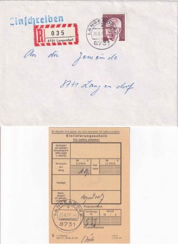 BRD - Langendorf 20.8.77 Ortseinschreibebrief 190 Pfg. Heinemann