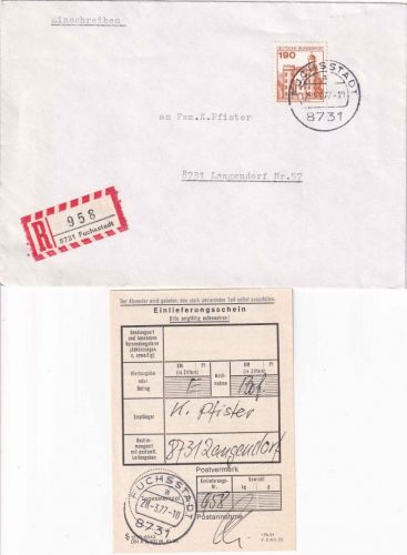 BRD - Fuchsstadt 28.3.77 Einschreibebrief n. Langendorf 190 Pfg. B&S