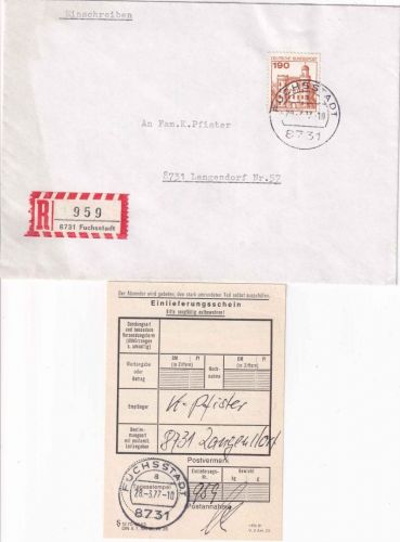 BRD - Fuchsstadt 28.3.77 Einschreibebrief n. Langendorf 190 Pfg. B&S