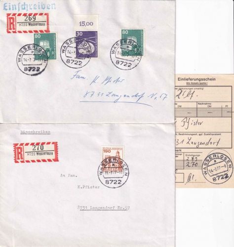 BRD - Wasserlosen 14.7.77 2 Einschreibebriefe (lfd. Nr. !) n. Langendorf