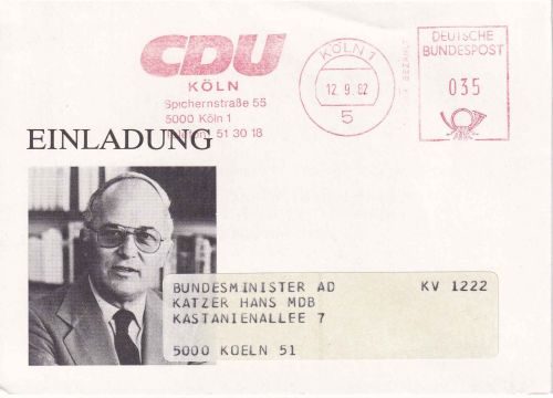 BRD - Köln 1982 35 Pfg. AFS "CDU" Ortskarte/Einladung (Rainer Barzel)