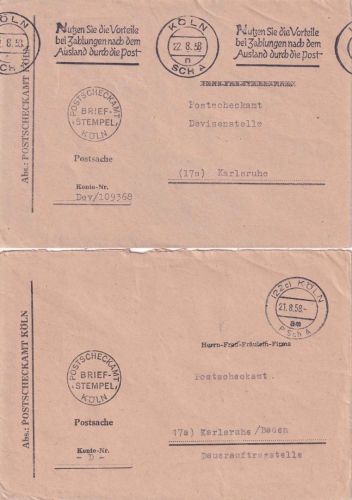 BRD - Köln SCH A + PSchA 1958 2x Postsache/Brief n. Karlsruhe