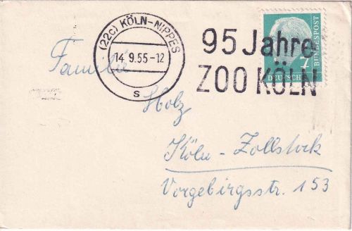 BRD - Köln-Nippes 1955 95 Jahre Zoo Köln Masch.stpl. Ortsbriefchen/Drucksache
