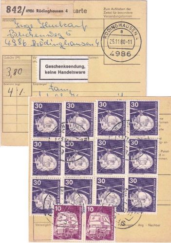 BRD - 12x30+2x10 Pfg. I&T Paketkarte i.d. DDR Rödinghausen 4 25.11.80