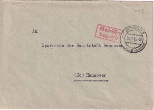 All.Bes. - Detmold 1 29.8.45 Gebühr bezahlt roter Ra2 Brief n. Hannover