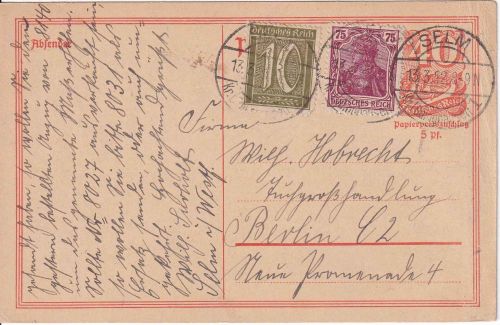 DR-Infla - Selm (Kr. Lüdinghausen) 1 13.3.22 Ganzsachenkarte+Zusatz n. Berlin
