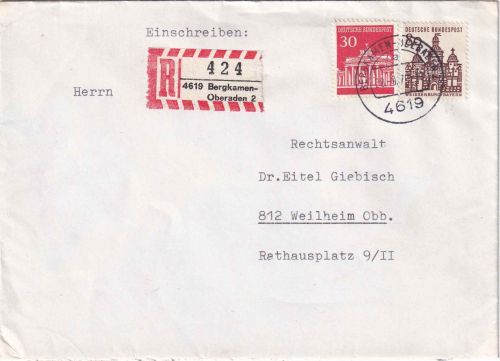 BRD - Bergkamen-Oberaden 2 Einschreibebrief n. Weilheim 1970