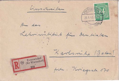 All.Bes. - Everswinkel (Kr. Warendorf) Einschreibebrief n. Karlsruhe 28.4.48