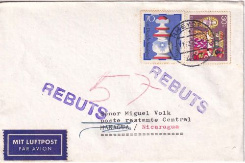 BRD - Rheydt 1972 Luftpostbrief n. NICARAGUA (Managua/postlagernd) Retourvermerk
