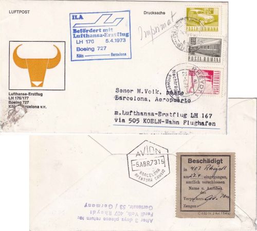 Rumänien/BRD - "Beschädigt eingegangen" Aufkleber LH-Erstflugbrief 1973