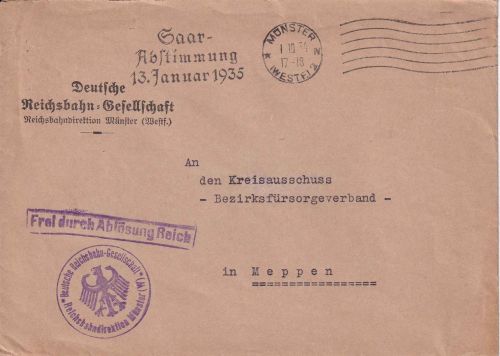 DR - Münster 1934 Dienstbrief/Frei d. Ablösung (Reichsbahn) n. Meppen