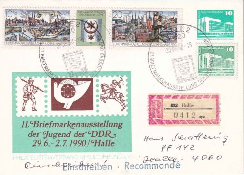 DDR/VGO - 10 Pfg. Privatganzsache + Zusatz Einschreibekarte SST Halle 30.6.90