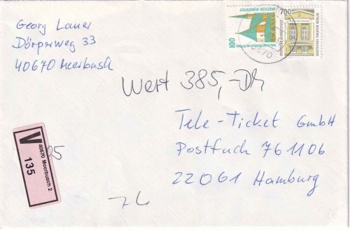 BRD - 700+100 Pfg. SWK Wertbrief (Versuchslabel !) Meerbusch - Hamburg 1993