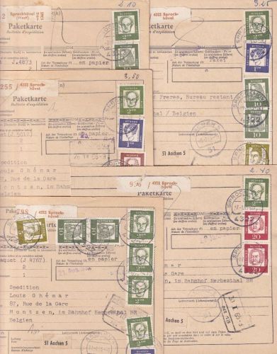 BRD - Bed. Deutsche 5 Paketkarten n. BELGIEN versch. Portostufen 1965