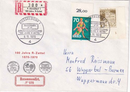 BRD - Düsseldorf 1970 Sonder-R-Zettel "100 J. R-Zettel" Einschreibebrief + SST