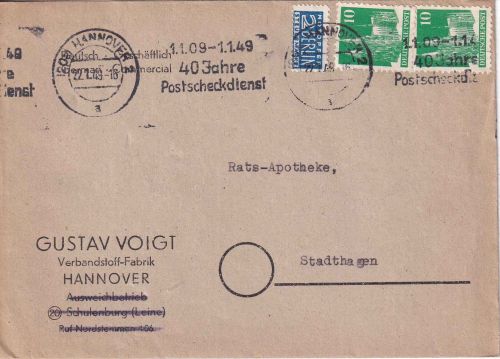 Bizone - Hannover "40 Jahre Postscheckdienst" Masch.werbestpl. Brief 1949