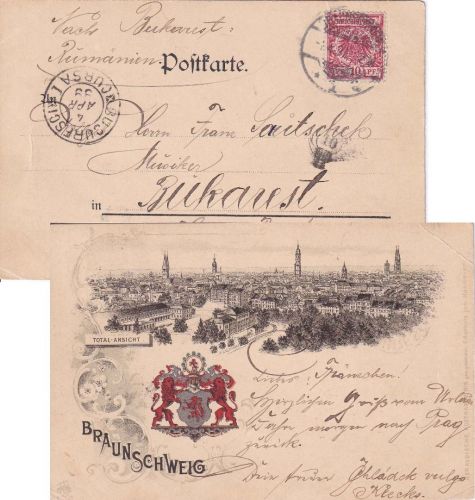 DR - 10 Pfg. K/A Ansichtskarte Braunschweig n. RUMÄNIEMN 1899