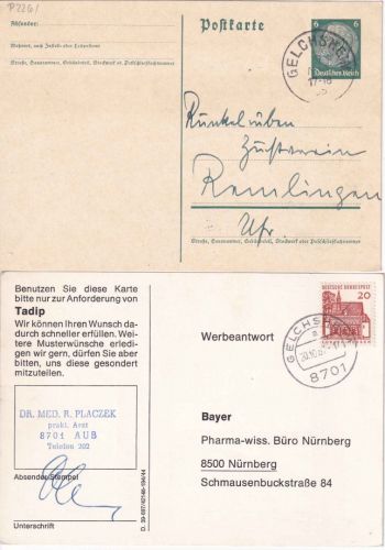 DR/BRD - Gelchsheim 1x Ganzsache 1935, 1x Werbekarte (Pharma) 1967