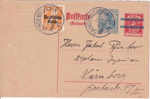 DR-Infla - 30 Pfg. Germania Aufbrauch-Ganzsache+Zusatz Gaukönigshofen 11.10.21