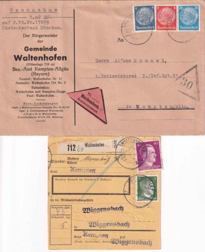 DR - Waltenhofen 1937/1944 Nachnahmebrief + Paketkarte