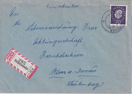 BRD - 70 Pfg. Heuss III Einschreibebrief Hergensweiler - Ulm 1961