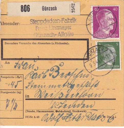 DR - 40+5 Pfg. AH Paketkarte Günzach - Weißenhorn 9.3.45