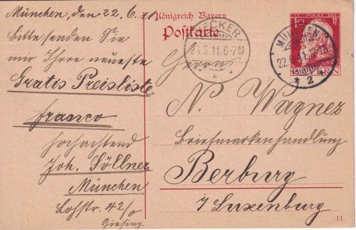 Bayern - 10 Pfg. Luitpold Ganzsachenkarte n. LUXEMBURG München - Berburg 1911