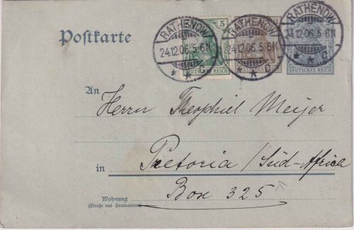 DR - 2+3 Pfg. Germnaia/Aufbrauch Ganzsache+Zustaz n. SÜDAFRIKA Rathenow 1906