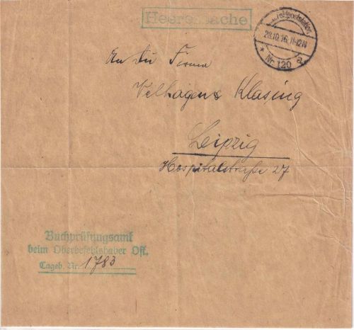 Postgebiet Ob.Ost - Feldpoststation Nr. 120 28.10.16 Briefvds. n. Leipzig
