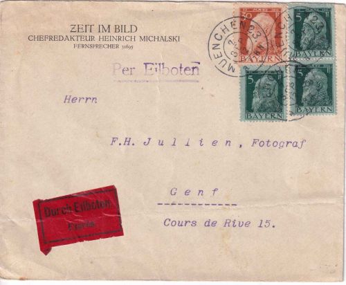 Bayern - 30+3x5 Pfg. Luitpold Eilbrief i.d. SCHWEIZ München 23 - Genf 1912