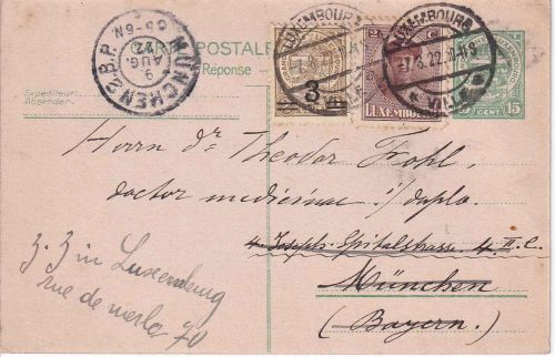 Luxemburg - 15 C. Ganzsache/A-Teil+Zusatz Lux.-Ville - München 1922 Irrläufer