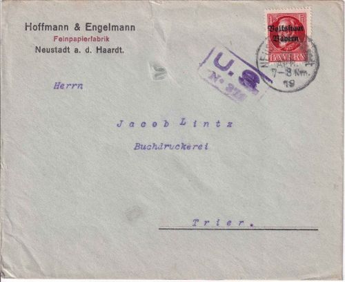Bayern - 15 Pfg. Ludwig/Volksstaat Zensurbrief Neustadt a/H. - Trier 28. APR 19