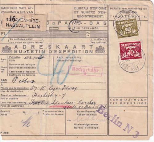 Niederlande - 30+25 C. Taube Paketkarte/Fremdarbeiter s'Gravenhage - Berlin 1943