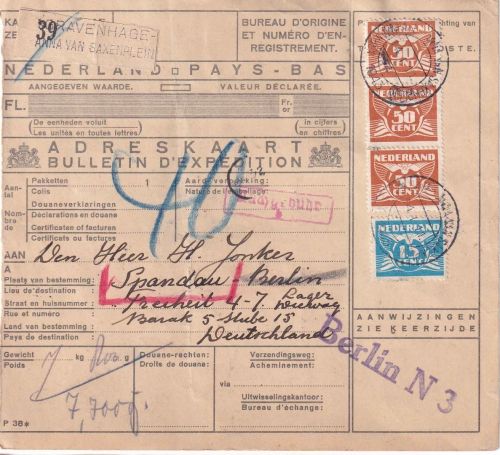 Niederlande - 3x50+15 C. Taube Paketkarte/Fremdarbeiter s'Gravenhage Berlin 1943