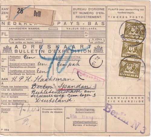 Niederlande - 3x30 C. Taube Paketkarte/Fremdarbeiter s'Gravenhage Berlin 1943